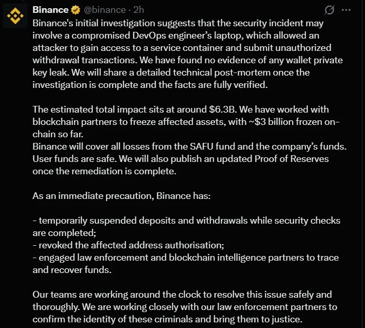 Binance hit by $6.3bn hack, freezes about half as North Korea-linked group blamed
